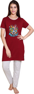 azf women printed maroon night suit set