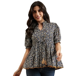 Azira Cotton Printed Mandarin Collar Blue