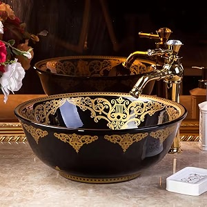 b backline ceramic moroccan wash basin  basin for bathroom  tabletop wash basin  art basin for bathroomhomeofficehotels 41 x 41 x 14 cm black gold