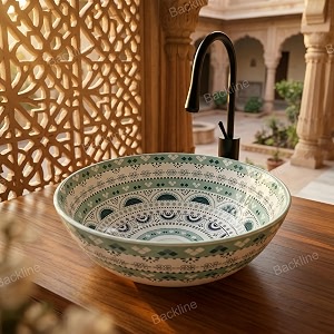 b backline ceramic moroccan wash basin countertop  tabletop ceramic bathroom sink  modern wash basin  basin for bathroom 41 x 41 x 14 cm glossy finish green moroccan 5 year warrenty
