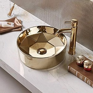 b backline ceramic round shape wash basin table top vessel sink wash basin basin over counter basin with for bathroom amp living room 16 x 16 x 6 inch gold