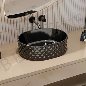 b backline ceramic oval shape table top vessel sink over counter wash basin 24 x 16 x 6 inch black gold