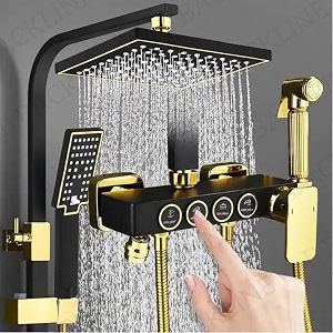 b backline shower set for bathroom full set 4 in 1 wall shower mixer hot amp cold shower panel hand shower  overhead shower  jet spray for bathroom black gold