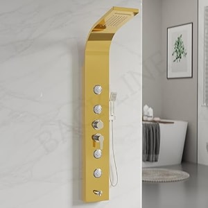 b backline ss 304 shower panels for bathroom full set  5 in 1 hot amp cold mixer showers  rainfall shower panel  dual overhead shower  tub spout  body jet  hand shower gold