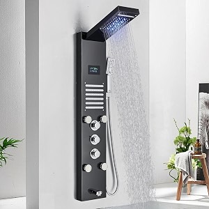 backline stainless steel 7-in-1 thermostatic shower panel system with digital temperature display  rainfall shower head body spray jets handheld shower amp tub spout hot amp cold water control black