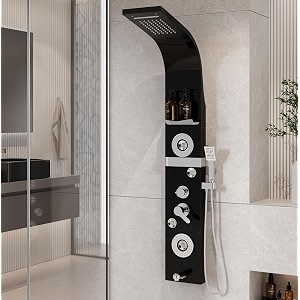 backline shower panel  7 in 1 shower system 304 grade stainless steel  shower with storage shelf led rainfall showerhot amp cold adjustablemassage sprayhand shower amp water spoutblack glossy