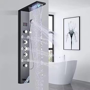 backline 7 in 1 thermostatic shower panels for bathroom ss 304 multifunction shower system with led amp hot amp cold water  hand shower  body mist spray  water spout black glossy