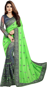 b bella creation embroidered bollywood net art silk saree grey light green
