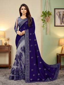 b bella creation embroidered bollywood net silk blend saree multicolor blue grey