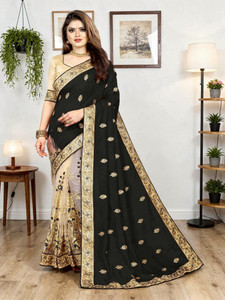 b bella creation embroidered bollywood net art silk saree black beige