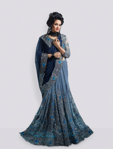 b bella creation embroidered bollywood net art silk saree dark blue grey