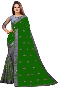 b bella creation embroidered embellished bollywood net art silk saree green grey