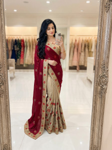 b bella creation embroidered bollywood chiffon silk blend saree maroon cream