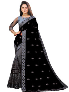 b bella creation embroidered bollywood net art silk saree black grey