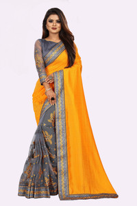 b bella creation embroidered bollywood net art silk saree grey multicolor yellow