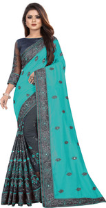 b bella creation embroidered bollywood net art silk saree blue grey
