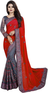 b bella creation embroidered bollywood net art silk saree red grey