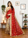 b bella creation Embroidered Bollywood Net, Art Silk Saree (Maroon, Beige)
