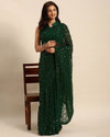 b bella creation Embroidered, Geometric Print, Embellished, Woven Bollywood Net, Art Silk Saree (Green, Beige)