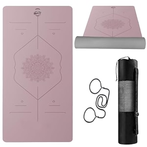 b fit 8 mm thick wide 31x72 inch original tpe yoga mat  free yoga bag and strap included - with alignment system non-slip eco-friendly sweat-resistant purple-dark grey