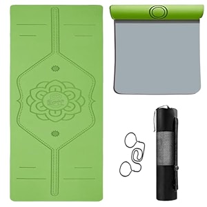 b fit 8 mm thick wide 31x72 inch original tpe yoga mat  free yoga bag and strap included - with alignment system non-slip eco-friendly sweat-resistant green-grey