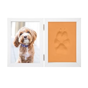 babies bloom dog or cat paw print with photo frame pet paw print impression kit dog or cat clay pawprint keepsake wooden photo frame double fold orange