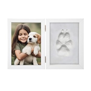 babies bloom dog or cat paw print with photo frame pet paw print impression kit dog or cat clay pawprint keepsake wooden photo frame double fold white
