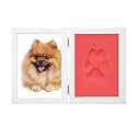 BABIES BLOOM Dog or Cat Paw Print with Photo Frame, Pet Paw Print Impression Kit, Dog or Cat Clay Pawprint Keepsake Wooden Photo Frame (Double Fold) (Red)