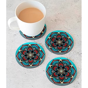 babique tea coaster set printed round  mdf wood material coasters for home and kitchen office table dining table home decor set of 4 ct-42