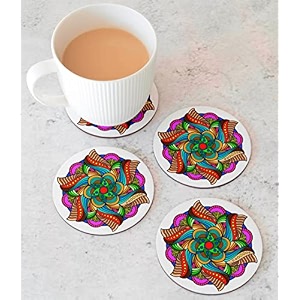 babique tea coaster set mandala art printed  mdf wood material coasters for home and kitchen office table dining table home decor 35x35 inches set of 6 design-25