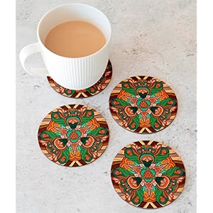 babique tea coaster set printed round  mdf wood material coasters for home and kitchen office table dining table home decor set of 4 ct-38