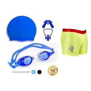 baby amp sons boy39s synthetic swimming kit with swimming shorts costume trunk anti fog swimming goggles silicone swimming cap nose clip and 2 ear plugs designcolour may vary 12-15 years