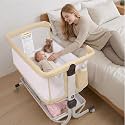 Baby Bassinet Bedside Sleeper, 3 in 1 Baby Bassinet for Newborns Co-Sleeper Bassinet with Wheels, Breathable Mesh, 6-Level Height Adjustment, Easy Folding Portable Bassinet for Home or Travel, Beige