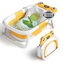 BUNWAG Baby Bathtub, Collapsible Newborn Bathtub for Infant to Toddler with Soft Cushion and Thermometer,Portable Travel Newborn Tub with No-Slip Feet, Baby Shower Gifts, 0-12 Months Baby Bath, Yellow