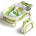 BUNWAG Baby Bathtub, Collapsible Newborn Bathtub for Infant to Toddler with Soft Cushion and Thermometer,Portable Travel Newborn Tub with No-Slip Feet, Baby Shower Gifts, 0-12 Months Baby Bath, Green