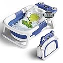 BUNWAG Baby Bathtub, Collapsible Newborn Bathtub for Infant to Toddler with Soft Cushion and Thermometer, Travel Newborn Tub with No-Slip Feet, Baby Shower Gifts, 0-12 Months Baby Bath, Navy Blue