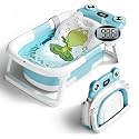 BUNWAG Baby Bathtub, Collapsible Newborn Bathtub for Infant to Toddler with Soft Cushion and Thermometer,Portable Travel Newborn Tub with No-Slip Feet, Baby Shower Gifts, 0-12 Months Baby Bath, Blue