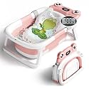 BUNWAG Baby Bathtub, Collapsible Newborn Bathtub for Infant to Toddler with Soft Cushion and Thermometer,Portable Travel Newborn Tub with No-Slip Feet, Baby Shower Gifts, 0-12 Months Baby Bath, Pink