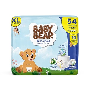 baby bear premium diaper pants  cottony soft and rash free with wetness indicator  aloe vera lotion  breathable sheet soft waistband  bubble bed technology  10 disposable bags  extra large 12-17kg- 54 pieces