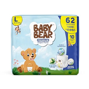 baby bear premium diaper pants  cottony soft and rash free with wetness indicator  aloe vera lotion  breathable sheet soft waistband  bubble bed technology  10 disposable bags  large 9-14kg- 62 pieces