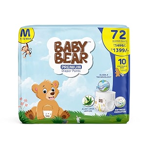 baby bear premium diaper pants  cottony soft and rash free with wetness indicator  aloe vera lotion  breathable sheet soft waistband  bubble bed technology  10 disposable bags  medium 7-12kg- 72 pieces