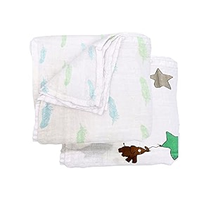 ultra-soft newborn baby blanket combo  lightweight skin-friendly multi-use summer ac blanket 120x120 cm  green star amp multi feather design