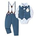 Baby Boy Clothes Suit Infant Gentleman Wedding Outfit Dress Shirt+Bowtie+Vest+Corsage+Suspender+Pants 6Pcs Set 0-24M