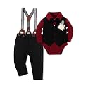 Baby Boy Clothes Suit Infant Gentleman Wedding Outfit Dress Shirt+Bowtie+Vest+Corsage+Suspender+Pants 6Pcs Set 0-24M