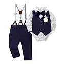 Baby Boy Clothes Suit Infant Gentleman Wedding Outfit Dress Shirt+Bowtie+Vest+Corsage+Suspender+Pants 6Pcs Set 0-24M