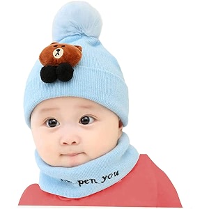 baby boys girls winter woolen cap hat with scarf earflap hood skull beanie unisex kids capset 6 month - 3 yrs