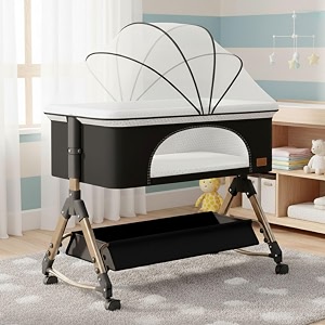 baby comfortable 6-in-1 baby cot crib bedside bassinet adjustable height mosquito net storage basket wheels and mattress  easy folding unique design charcoal grey