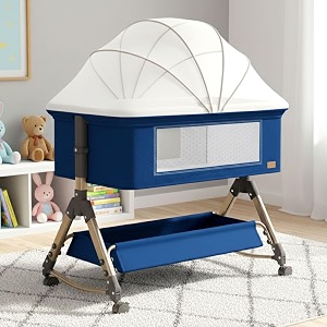 baby comfortable 6-in-1 baby cot crib bedside bassinet adjustable height mosquito net storage basket wheels and mattress  easy folding unique design blue