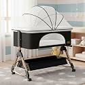 Baby Comfortable 6-in-1 Baby Cot, Crib, Bedside Bassinet, Adjustable Height, Mosquito Net, Storage Basket, Wheels, and Mattress | Easy Folding, Unique Design (Charcoal Grey)