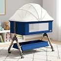 Baby Comfortable 6-in-1 Baby Cot, Crib, Bedside Bassinet, Adjustable Height, Mosquito Net, Storage Basket, Wheels, and Mattress | Easy Folding, Unique Design (Blue)